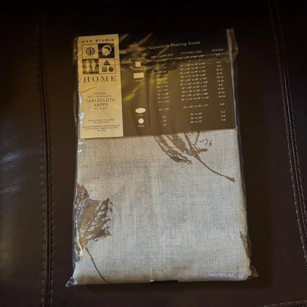 Max Studio Home Tablecloth 60x84 Oblong Linen Blend Brown Leaf Print Neutral NEW